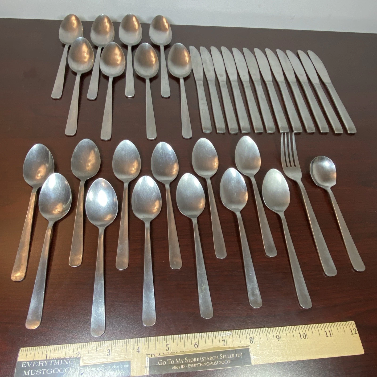Vtg MCM Japan Stainless Silverware Plain Modern Set Lot 34 Pieces Spoons Knives