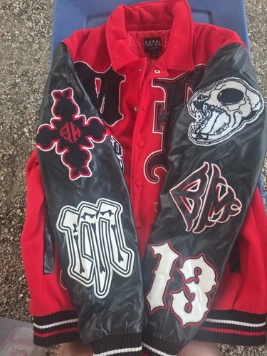 boohooMAN Men's Red Letterman Varsity Jacket Patches Quilted Lining Snap Sz L image 2