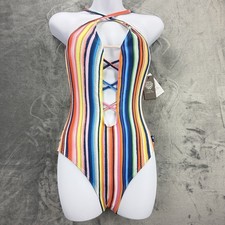 Vince Camuto One Piece Swimsuit Size 8 Rainbow Stripe Lace Up Plunge NWT 108