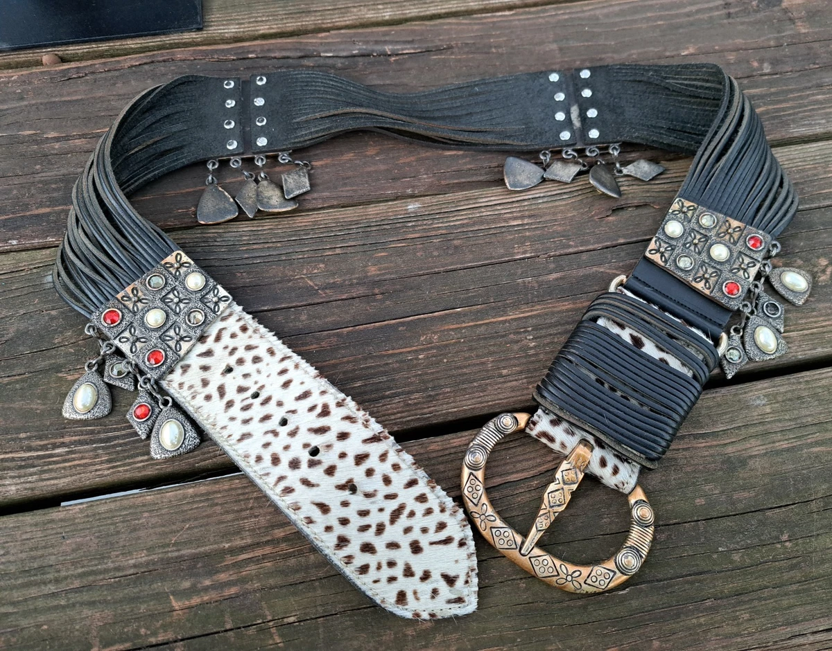 VTG 90s Leather Calf Hair Belt Charms Braided Boho Country  display picture 1