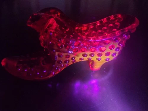 Vtg Fenton Shoe Slipper Cat Head Rare Amberina Red Orange Cadmium UV Glows