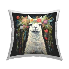 Floral Llama on Black Outdoor Printed Throw Pillow, 18 x 18