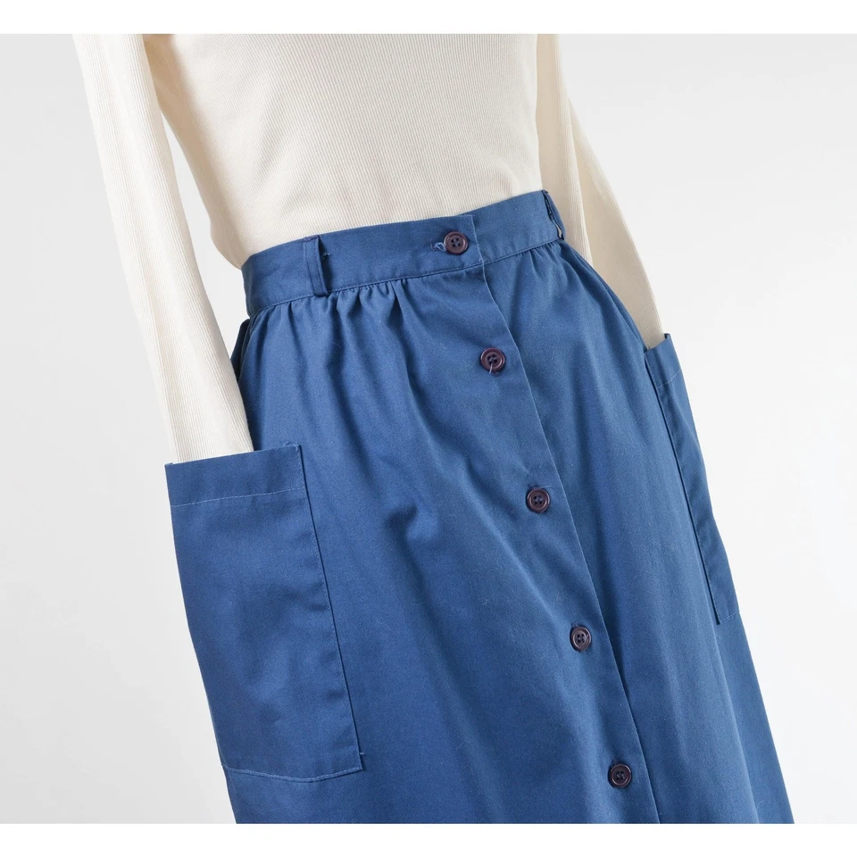 Falda Midi Vintage Años 70 Azul Marino Mezcla Algodón Botón Frontal con Bolsillos M Foto 4 de 4
