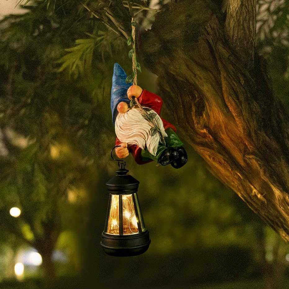 Solar Hanging Gnome Garden Statue Climbing Rope Gnome with LED Lantern ...
