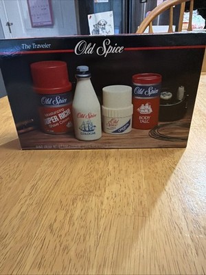 Old Spice  The Traveler  Vtg Set Cologne Shave Cream Talc Deodorant 1988 - Open