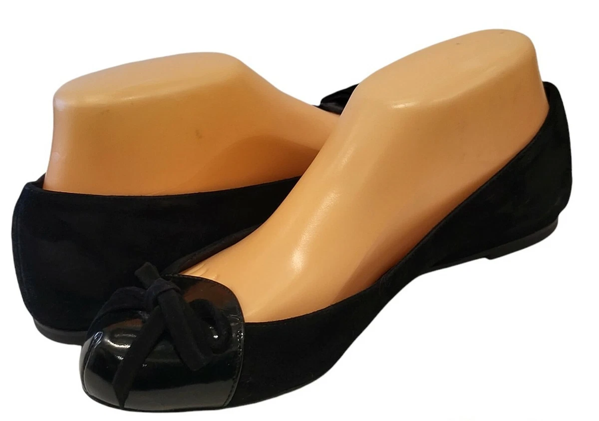 EMPORIO ARMANI Black Suede/Patent Leather Round-Toe Bow Flats Sz 38 Italy