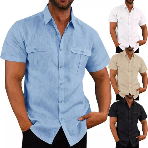 Men's Shirt Double Pocket Cotton Linen Short Sleeve Shirts for Men Casual - Picture 19 of 28