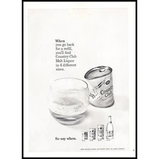 1965 County Club Malt Liquor Vintage Print Ad Crushed Can Bar Glass Wall Art