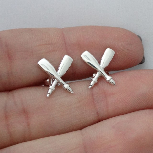 Crossed Oars Post Earrings 925 Sterling Silver Row Oar Team Rowing