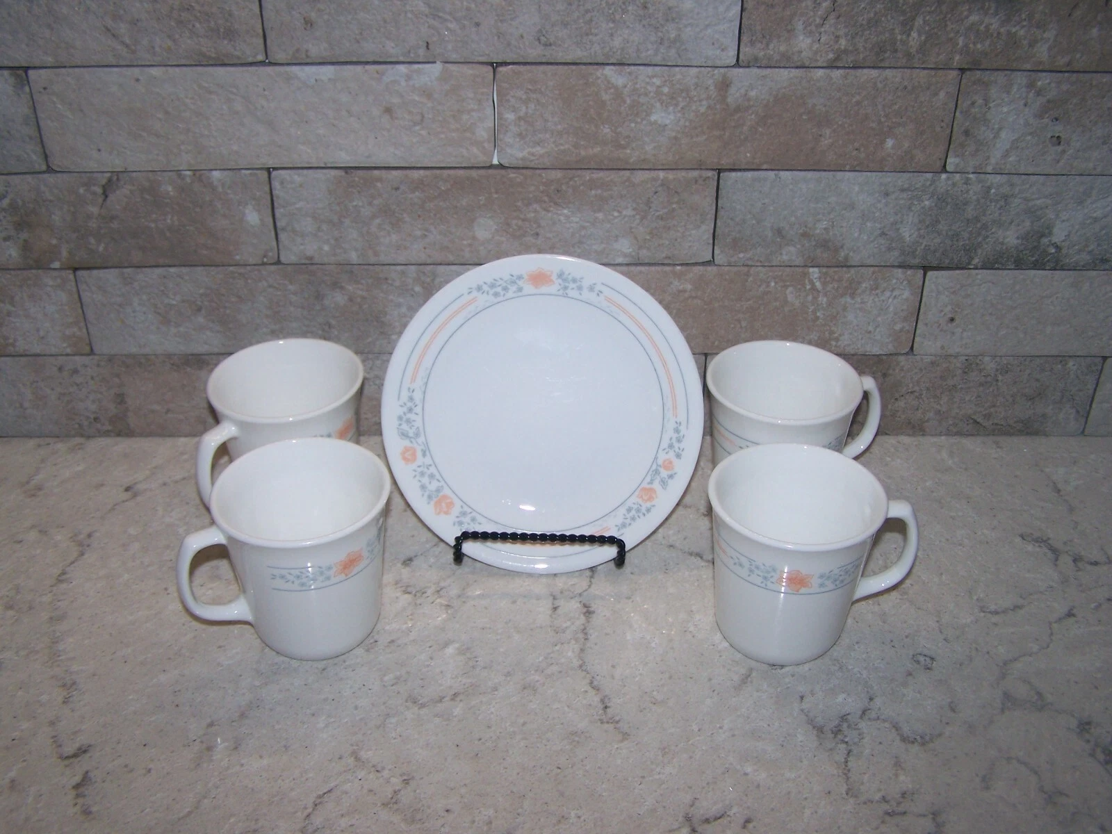 5PC CORELLE APRICOT GROVE COFFE MUG sET W  COOKIE PLATE