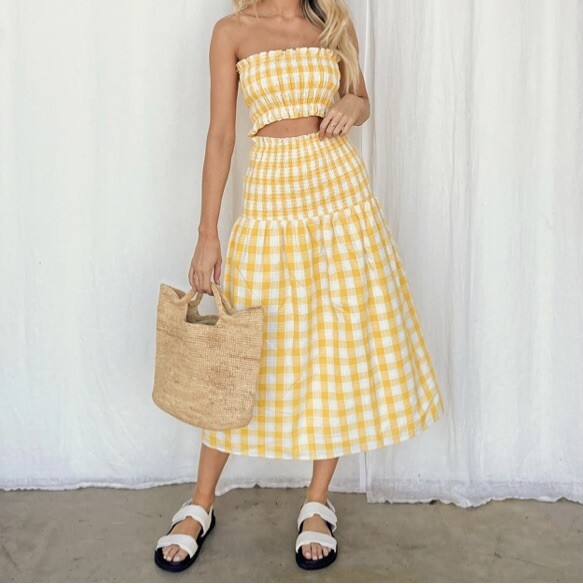 Dazie Sunshine Yellow Check Shirred Midi Skirt Size 6