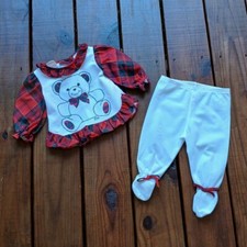 Vintage 80's 6 months baby toddler girls two piece matching set plaid teddy bear