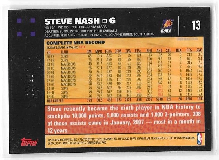 2007-08 Topps Chrome Basketball Refractors White Parallel #13 Steve Nash /99 - Image 2 of 2