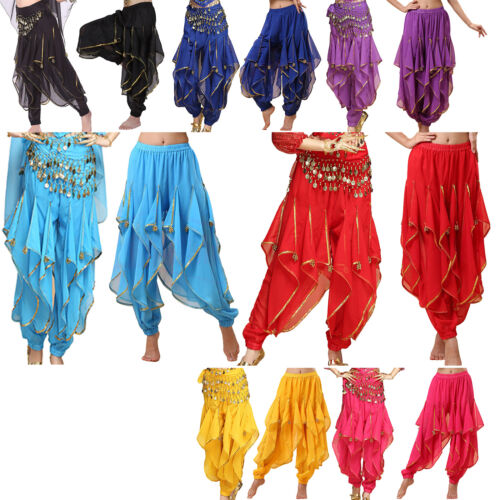 Women Belly Dance Costume Elastic Waistband Trousers Festival Pants Ruffles - Picture 1 of 73