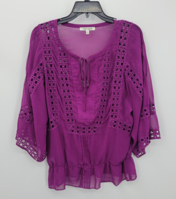 Daniel Rainn Top Womens Small Dark Pink Eyelet Insert Bell Sleeve Boho Blouse
