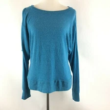 Go Couture Sweater Womens Medium Blue Fuzzy Cold Shoulder Pullover