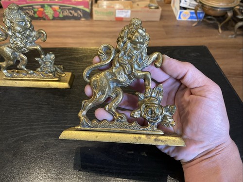 Pair Of Antique Brass English Lion & Rose Figures Doorstops Bookends - Picture 16 of 22