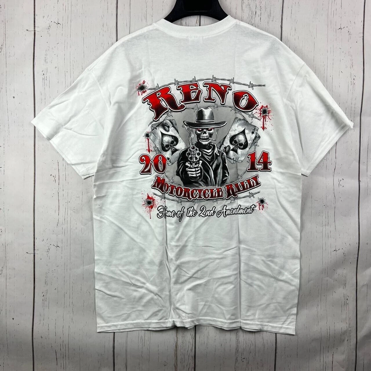 Vintage Reno 2014 Motorcycle Rally Large Gildan Casual T-Shirt White New Men