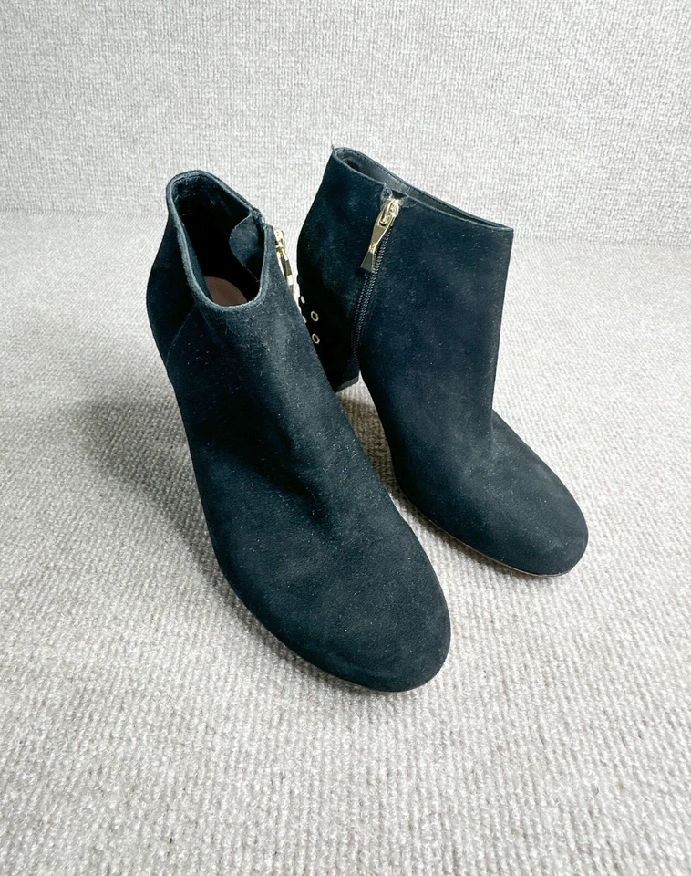 kate spade Cirra Boots Womens 6.5 Black Suede booties Gold Studded Block Heels - Image 2 of 4