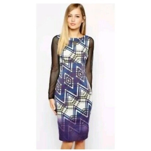 Платье-футляр Karen Millen с геометрическим зигзагообразным принтом сетчатое с длинным рукавом карандаш 2/4 - Изображение 3 из 4