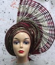 Aso Oke Auto Gele Burgundy and Gold Basket 