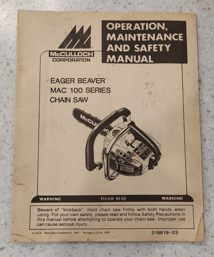 McCULLOCH OPERATOR'S / OWNERS MANUAL - EAGER BEAVER MAC 100 SERIES CHAIN SAW