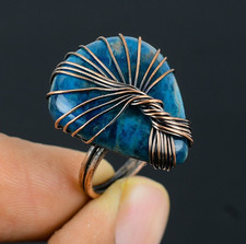 Neon Blue Apatite Handmade Gemstone Copper Wire Wrap Tree Of Life Jewelry Ring