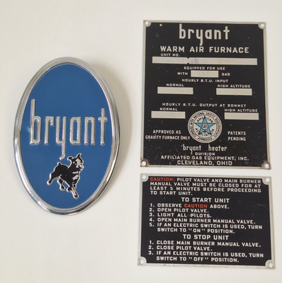 Vintage Bryant Furnace Logo Plate Terrier Dog Gravity Heater Info Plaque Lot CLV