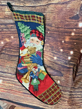 Vintage Wool Embroidered Santa with Toys Holiday Christmas Tree Stocking 20"