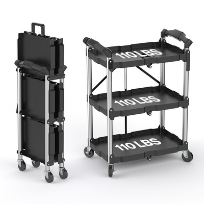3-Tier Folding Utility Cart with Wheels - Portable Folding Service Cart 330LBS