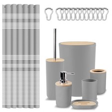 Bathroom Accessories Set, Grey Shower Curtain Set with Trash Can, Soap Dispen...