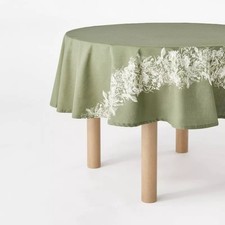 70" Round Floral Tablecloth Modern Cotton Botanical, Machine Washable
