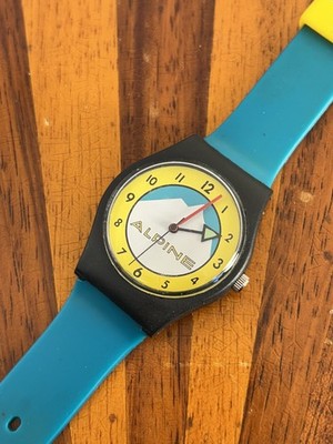Vintage Alpine Watch Men Black Case Multicolor Skiing Quartz 33mm New Battery
