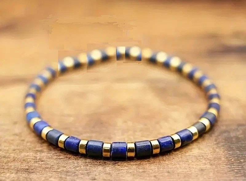 Bracelet en acier cordon coulissant bleu et pierres lapis lazuli véritable
