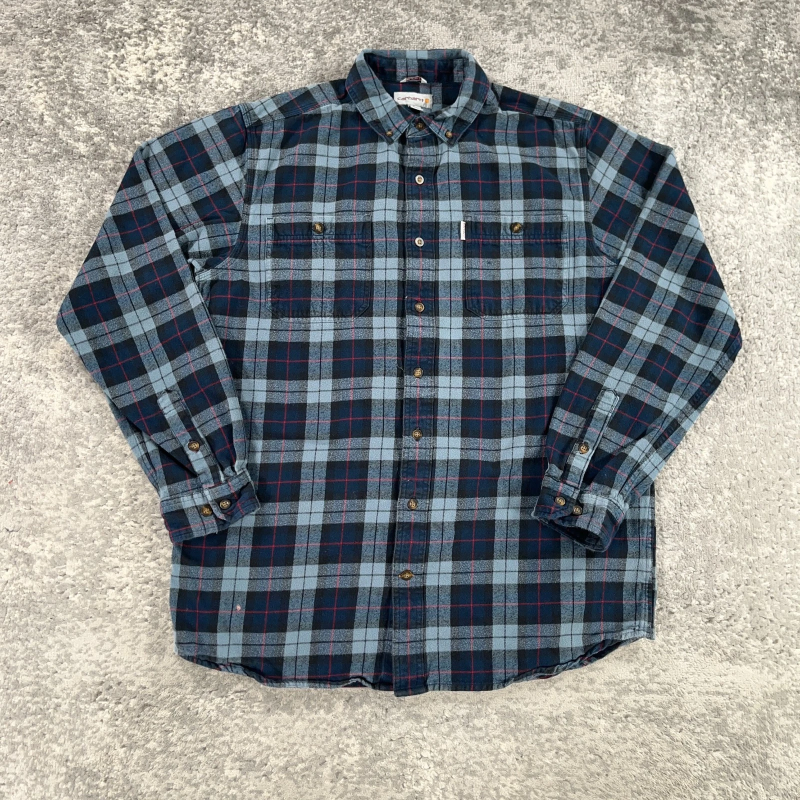 Carhartt Shirt Mens Large Tall Blue Tattersall Plaid Flannel Outdoor Hiking Logo