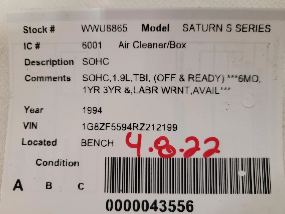 Conjunto de filtro de aire usado se adapta a: Saturn serie S 1994 SOHC grado A Foto 3 de 4