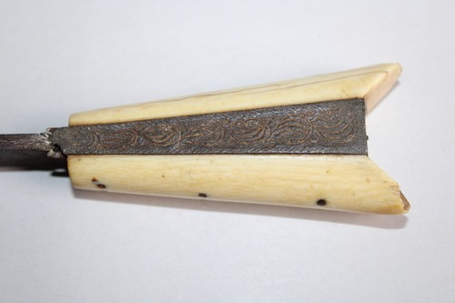 Ancien couteau crétois Grèce acier gravé 1899 feuillage manche os étui cuir vert - Picture 14 of 24