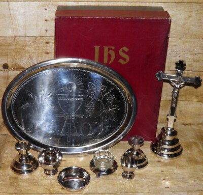 Vintage 8-teiliges Silber Westdeutsches IHS Letzte Riten Reisen Kommunion Set & Box