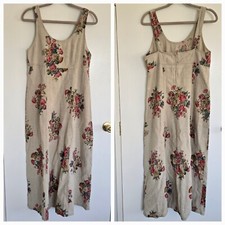 Vintage Karen Kane Linen Dress Women's 10 Beige Tan With Floral Print