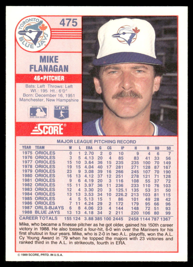 1989 Score #475 Mike Flanagan | eBay