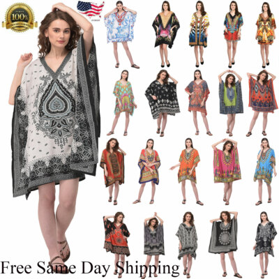 Women Hippy Boho Kaftan Tunic Dress Dashiki Caftan PlusSize Baggy Top Mini Dress