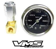 VMS CAMARO CORVETTE 1 1/2" 60PSI BLACK FUEL PRESSURE GAUGE LIQUID FILLED ADAPTER