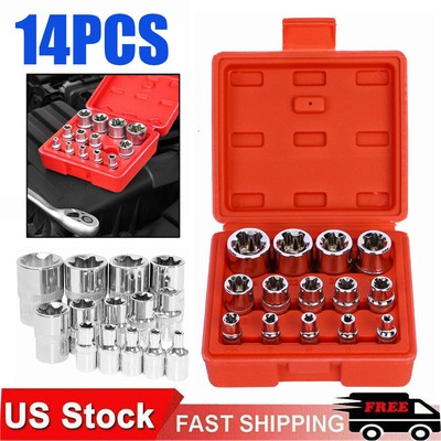 14PCS E Torx Star Female Bit Socket Set 1/2'' 3/8'' 1/4'' Drive E4-E24 W/Red Box