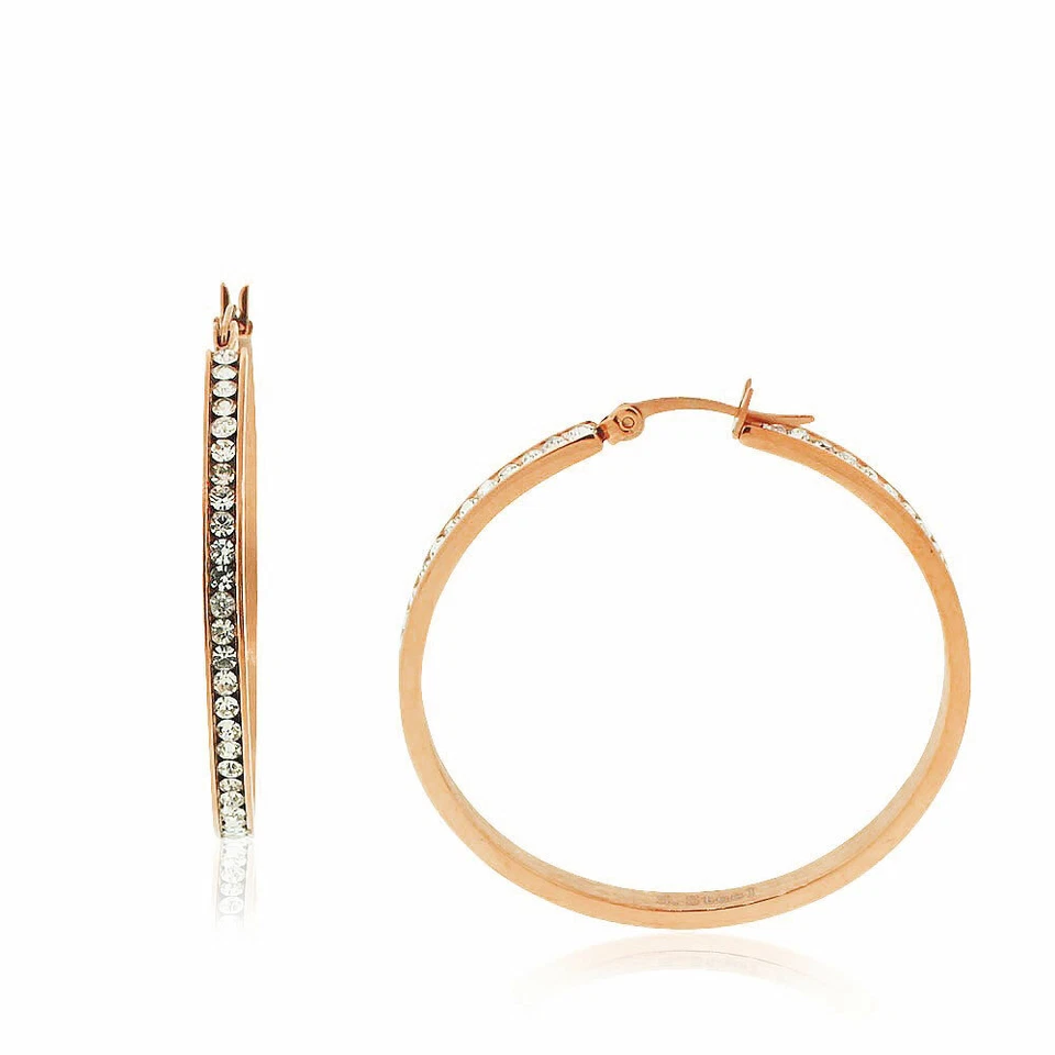 Серьги-кольца круглые из нержавеющей стали розовое золото белый прозрачный фианит, 1,85 дюйма - Изображение 2 из 3