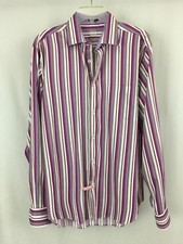 BUGATCHI UOMO Men Purple White Stripe Long Sleeve Button Front Classic Fit Shirt