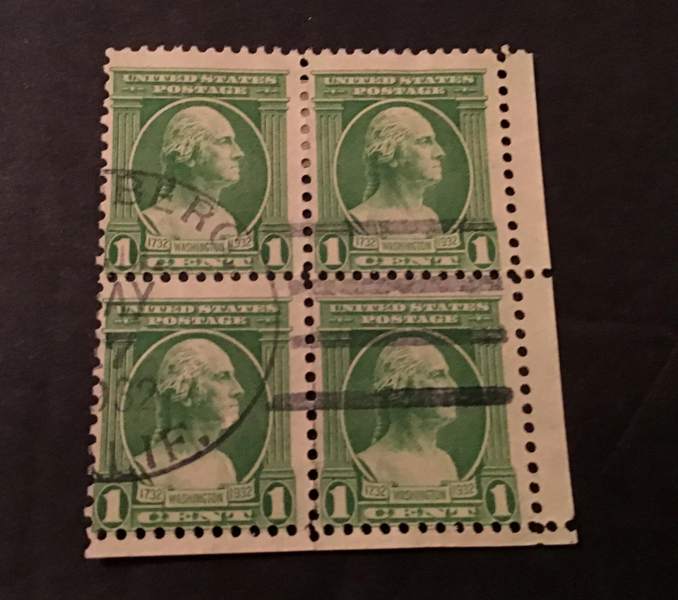 GEORGE WASHINGTON 1 CENT STAMPS USED RIGHT FACING 4 BLOCK 1932- Canceled DATE - Image 2 of 4
