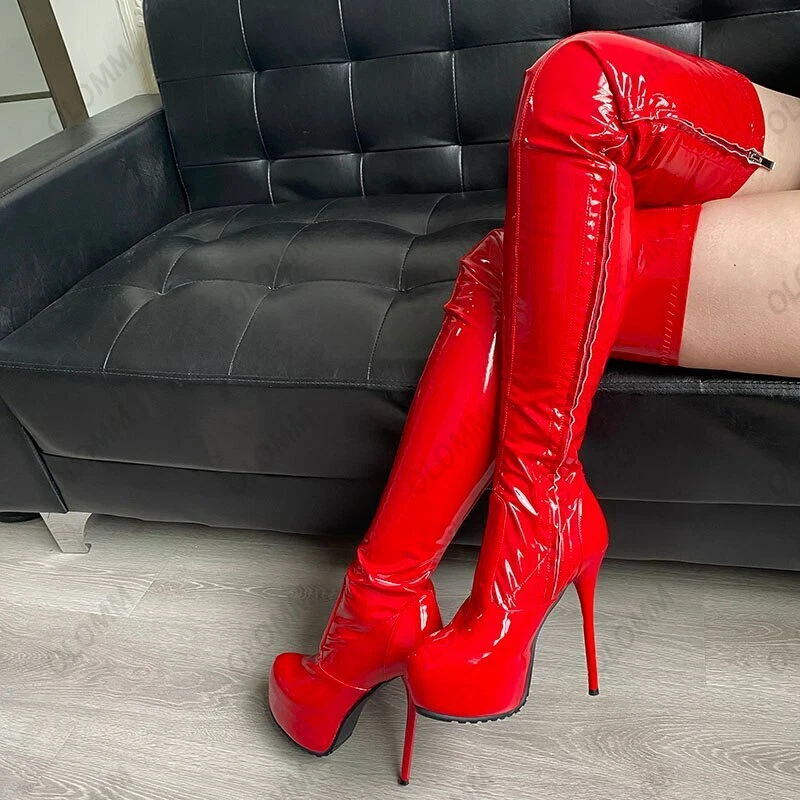 Women Stretch Thigh Boots Waterproof Stiletto Heels Red Party Shoes US Size 6 15
