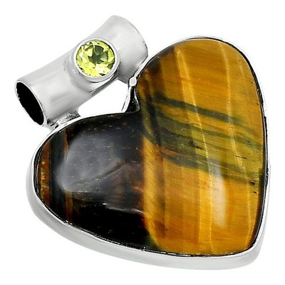 Premium Heart Tiger Eye & Peridot 925 Sterling Silver Pendant Jewelry P-1300