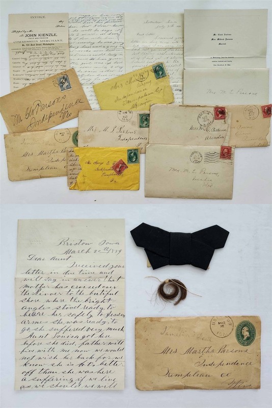 1880s antique PARSONS FAMILY LETTERS independence wi MOURNING HAIR relic RIBBON
