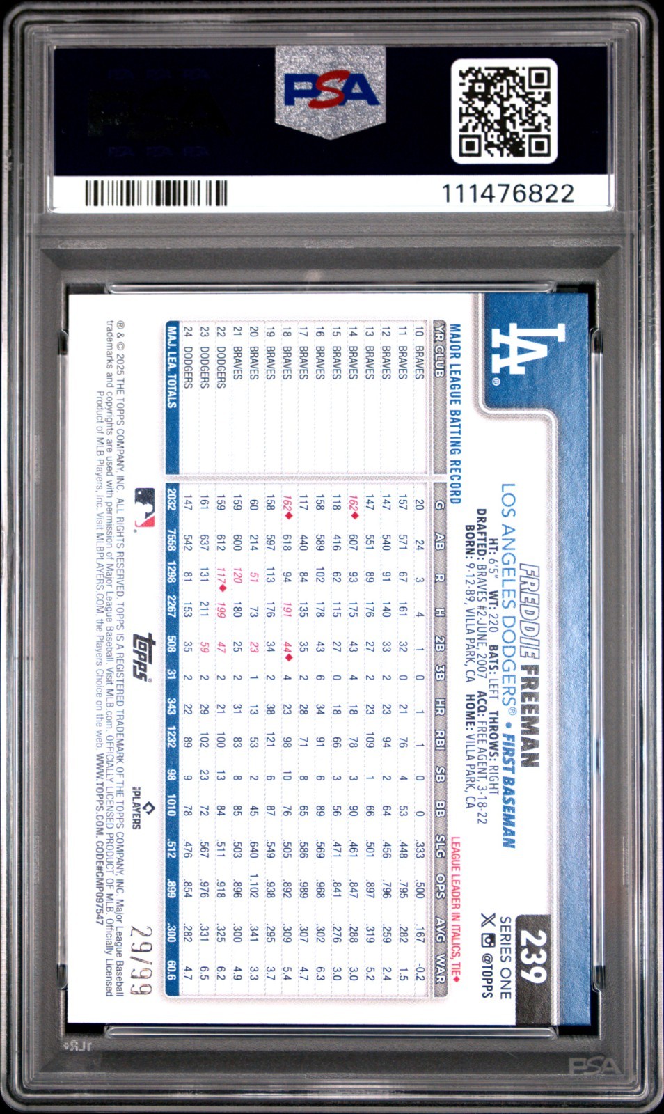 2025 Topps Series 1 - Freddie Freeman #239 Green Holofoil 29/99 PSA 10 GEM view 2